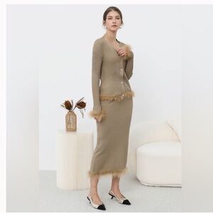 Chicwish tan feather trim set NWOT matching set